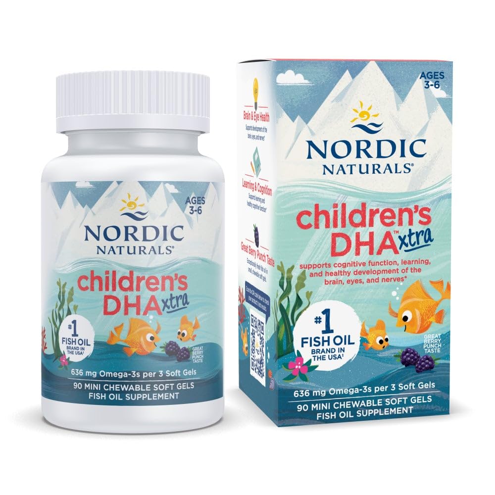 Nordic Naturals Children’s DHA Xtra, Berry Punch - 90 Mini Chewable Soft Gels for Kids - 636 mg Omega-3s EPA & DHA - Cognitive & Immune Function, Learning, Social Development - Non-GMO - 30 Servings Nordic NaturalsAu supplements