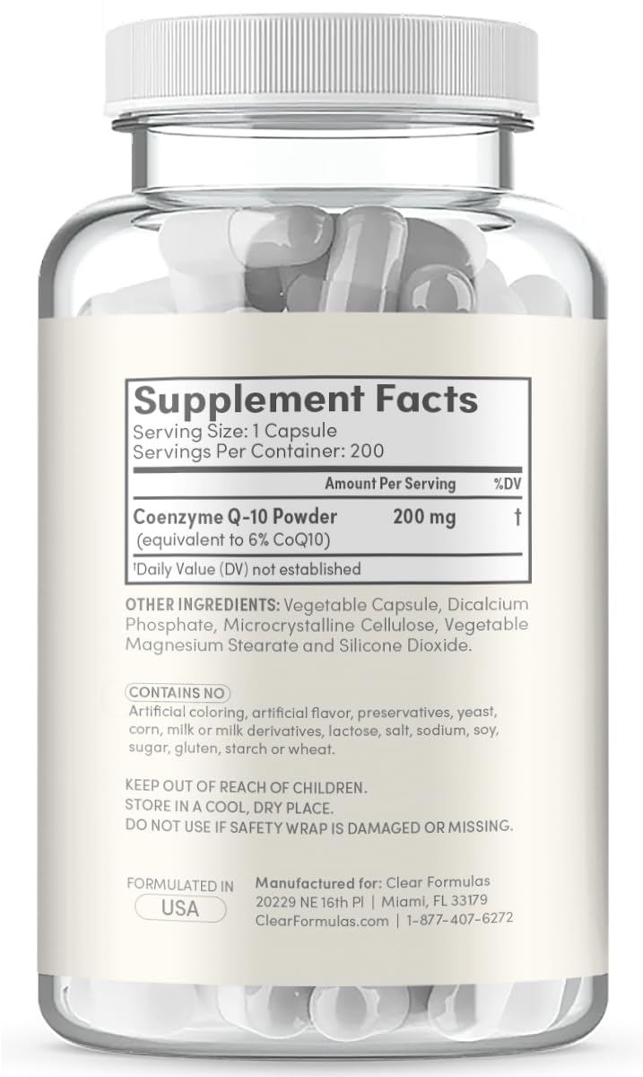 Clear Formulas CoQ10 200mg 200 Capsules Quick Absorption Non-GMO Clear FormulasUS supplements