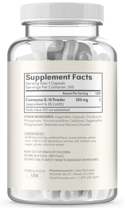 Clear Formulas CoQ10 200mg 200 Capsules Quick Absorption Non-GMO Clear FormulasUS supplements