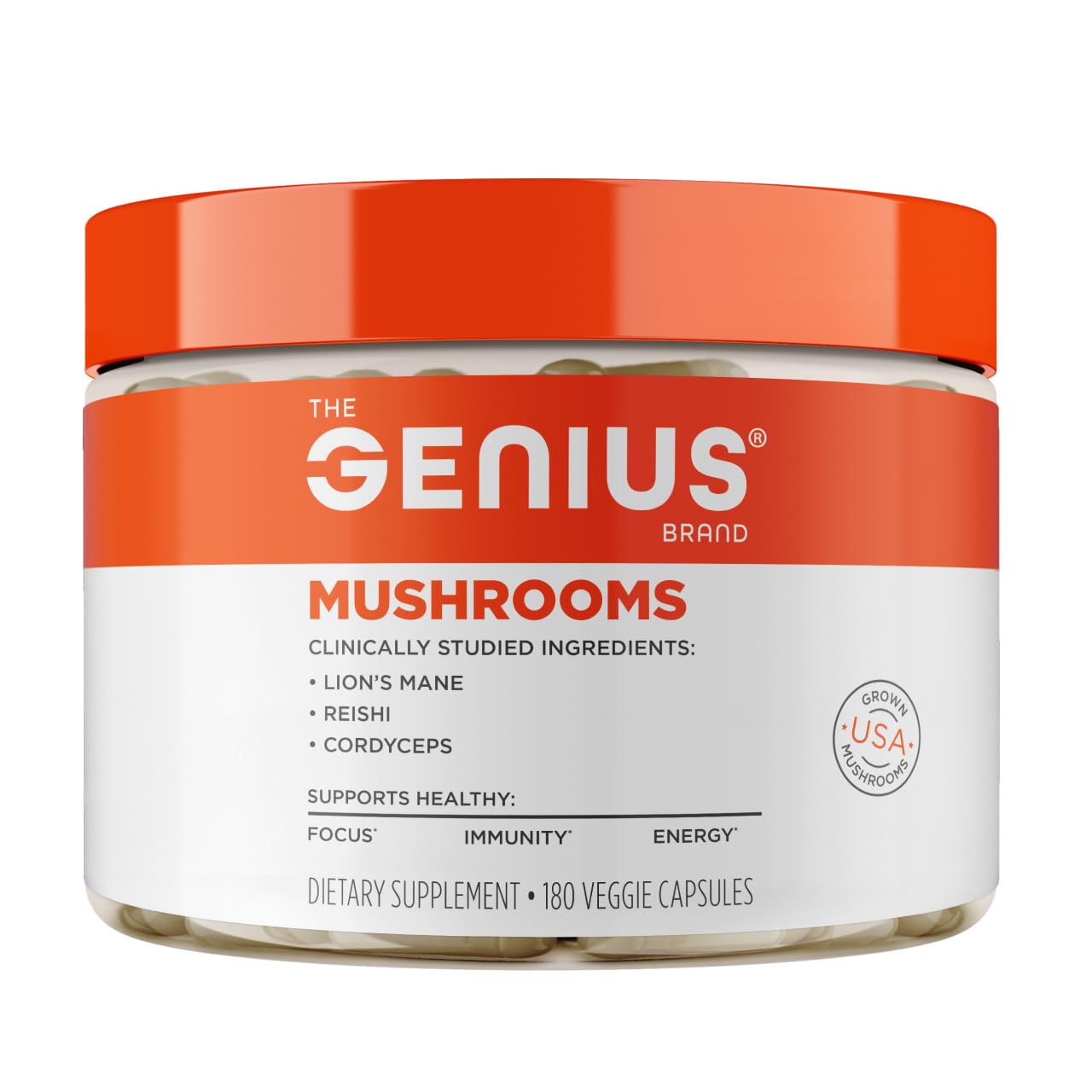 Genius Mushroom Supplement - Full-Spectrum Lion’s Mane, Cordyceps, Reishi -Daily Brain Nootropic for Energy, Focus, Memory & Overall Wellness - 180 Capsules – Organic for Mental Clarity & Performance The Genius BrandUS supplements