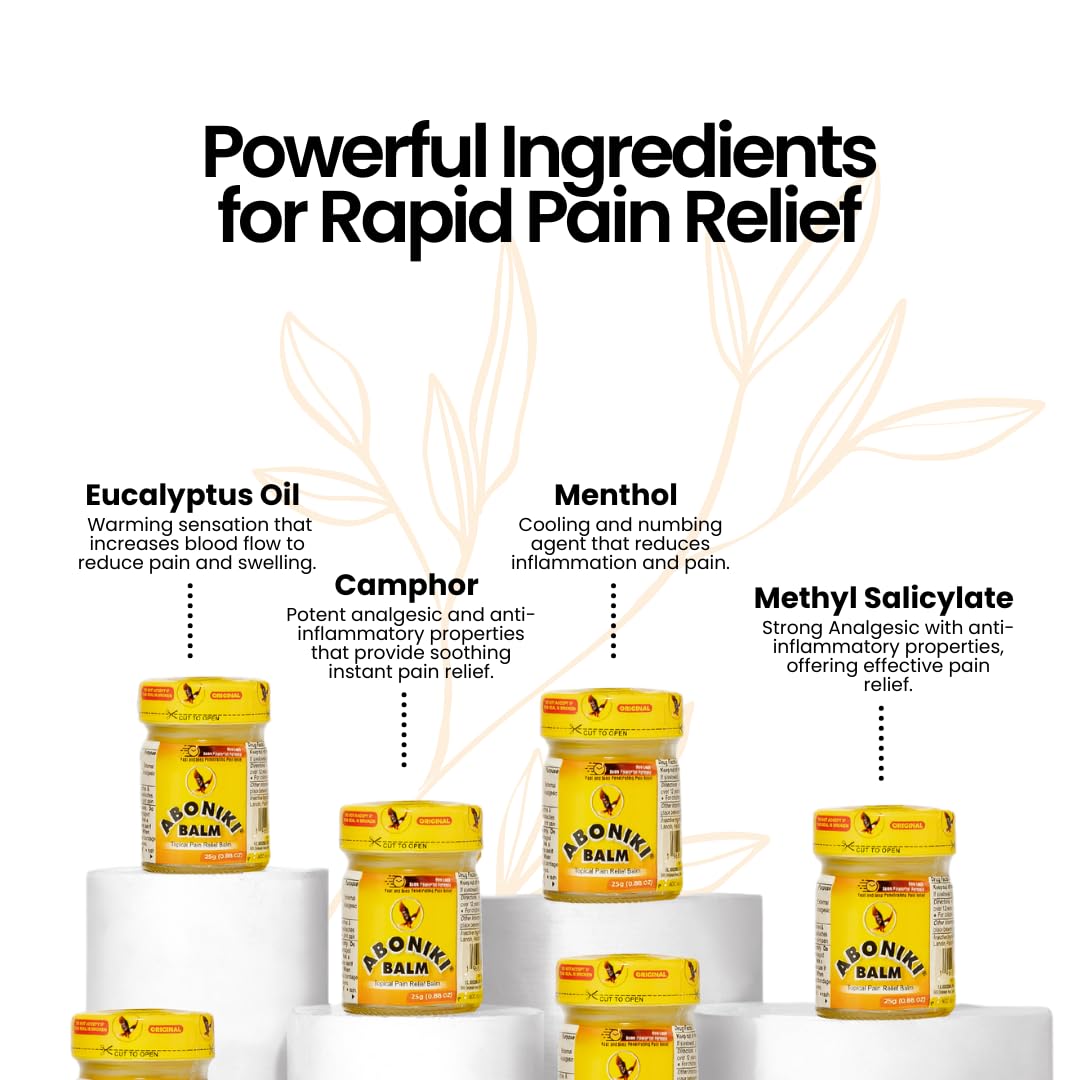 Aboniki Balm (6 Plastic Jars) – Powerful Topical Pain Relief Balm for Sore Muscles and Joints | Anti Inflammatory Analgesic Rub with Cooling Menthol for Back, Knee, Neck, Shoulder, Wrist & Body Ache AbonikiAu supplements