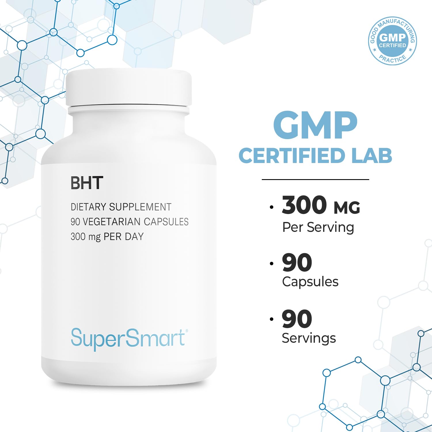 Supersmart - BHT Supplement 300mg per Day - Butylated Hydroxytoluene | Non-GMO & Gluten Free - 90 Vegetarian Capsules SupersmartUS supplements
