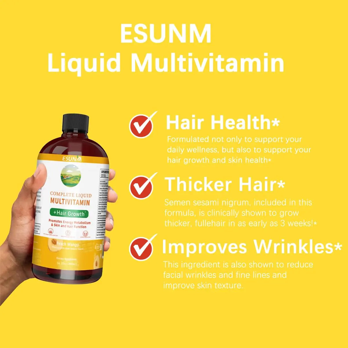 ESUNM Complete Liquid Multivitamin + Hair Growth, Promotes Energy Metabolism& Skin and Hair Function| Vitamin C D | B Vitamins | ESUNMAu supplements