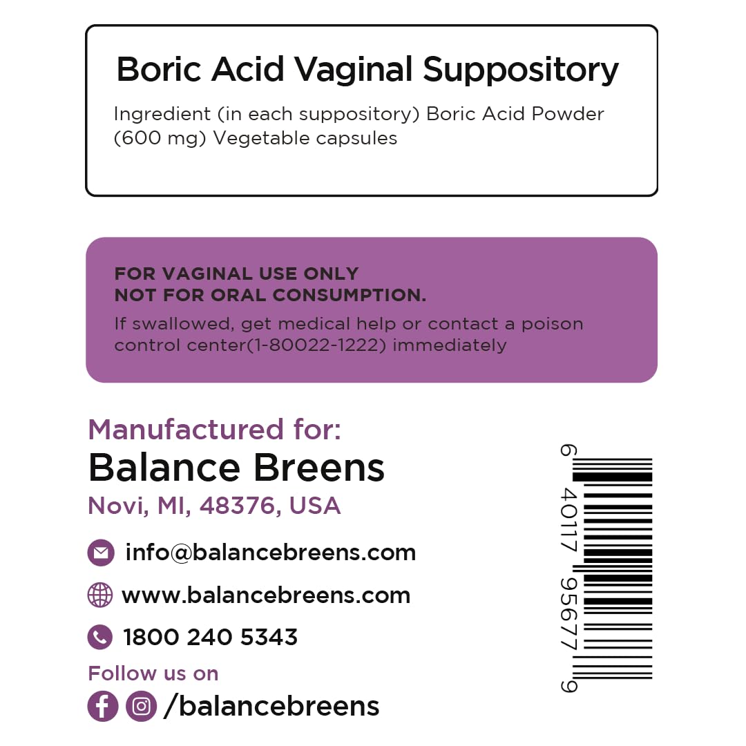 Boric Acid Suppositories for Women 600 mg - 30 Vaginal Use Capsules - ph Balance Pills, Odor Control BalancebreensAu supplements