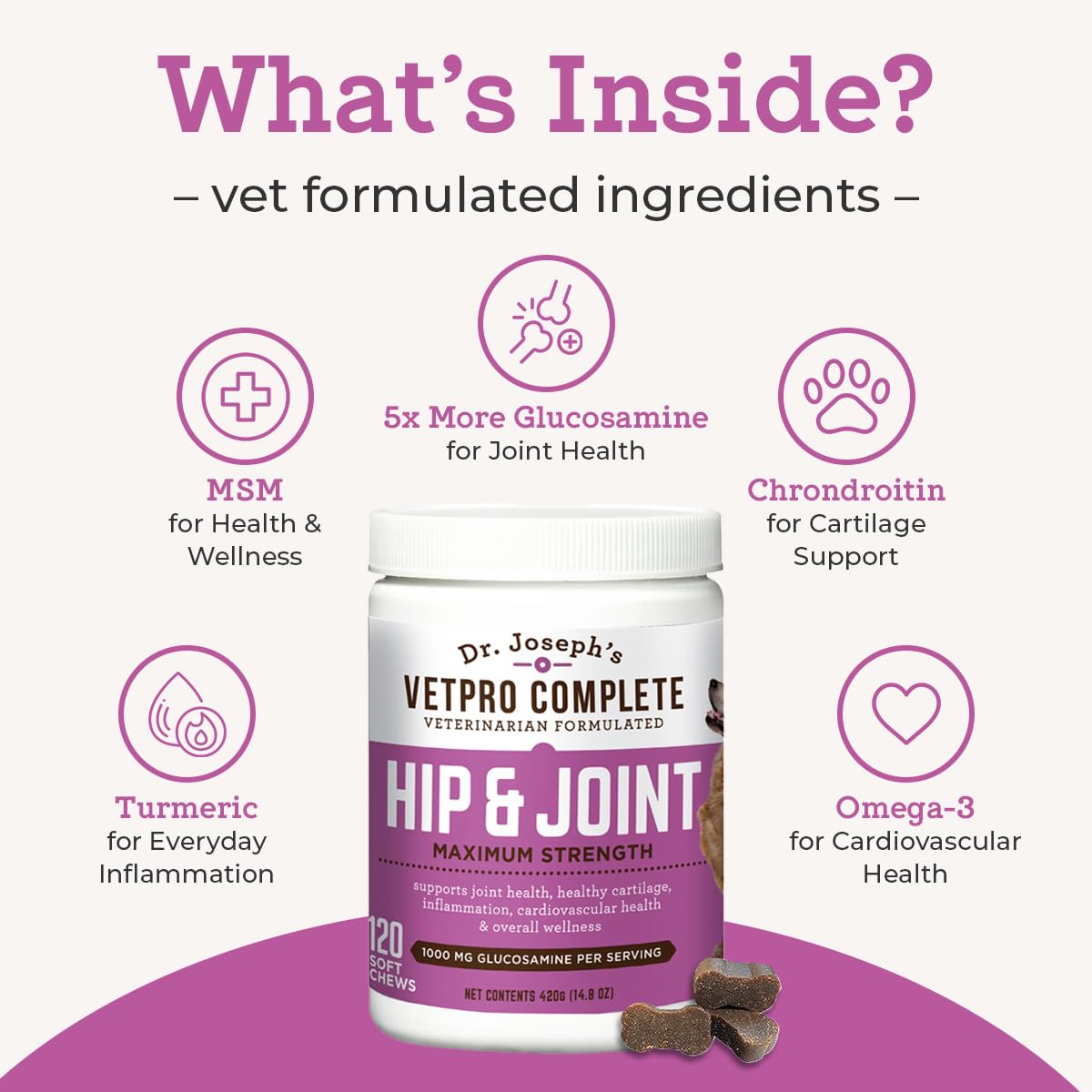 Dr. Joseph's VetPro Complete Dog Hip & Joint Supplement for Arthritis Pain Relief – High-Strength Glucosamine & Chondroitin Chews for Senior Dogs – Vet Formulated Daily Treats, Chicken Flavor, 60 Ct VetPro CompleteAu supplements