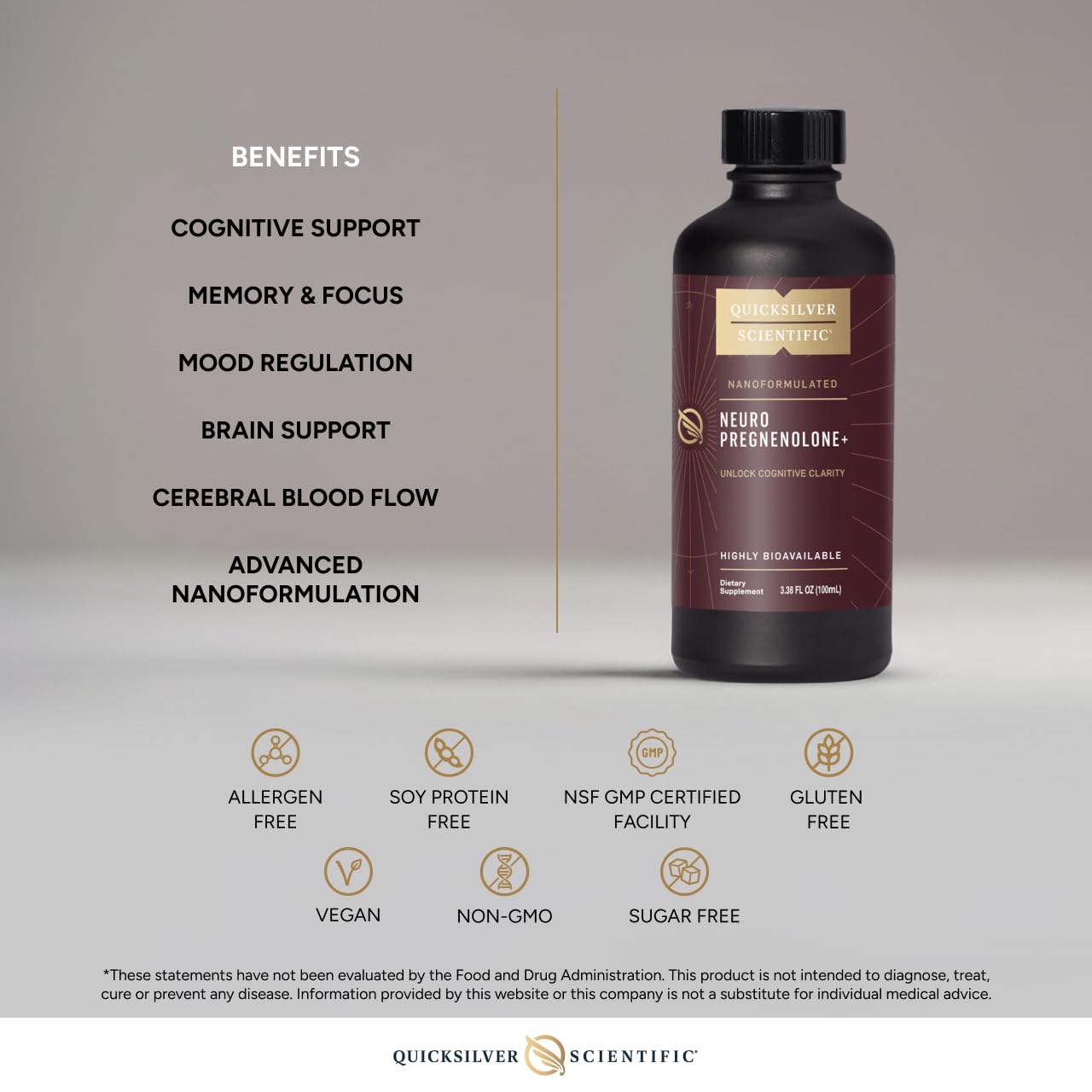 Quicksilver Scientific Neuro Pregnenolone+ - Brain Support Supplement for Neurological Health - Neuroactive Ingredients - Rapid Absorption - Vegan, Sugar-Free & Gluten-Free - 3.38 fl oz (20 Servings) Quicksilver ScientificAu supplements