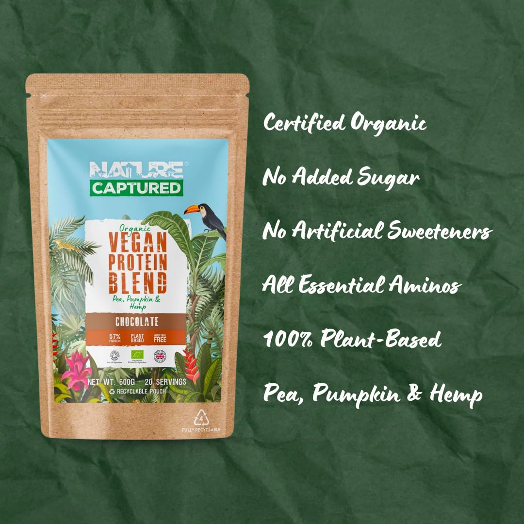 Organic & Raw Vegan Protein Blend (600g) - Chocolate Flavour - Pea, Pumpkin & Hemp Nature CapturedAu supplements