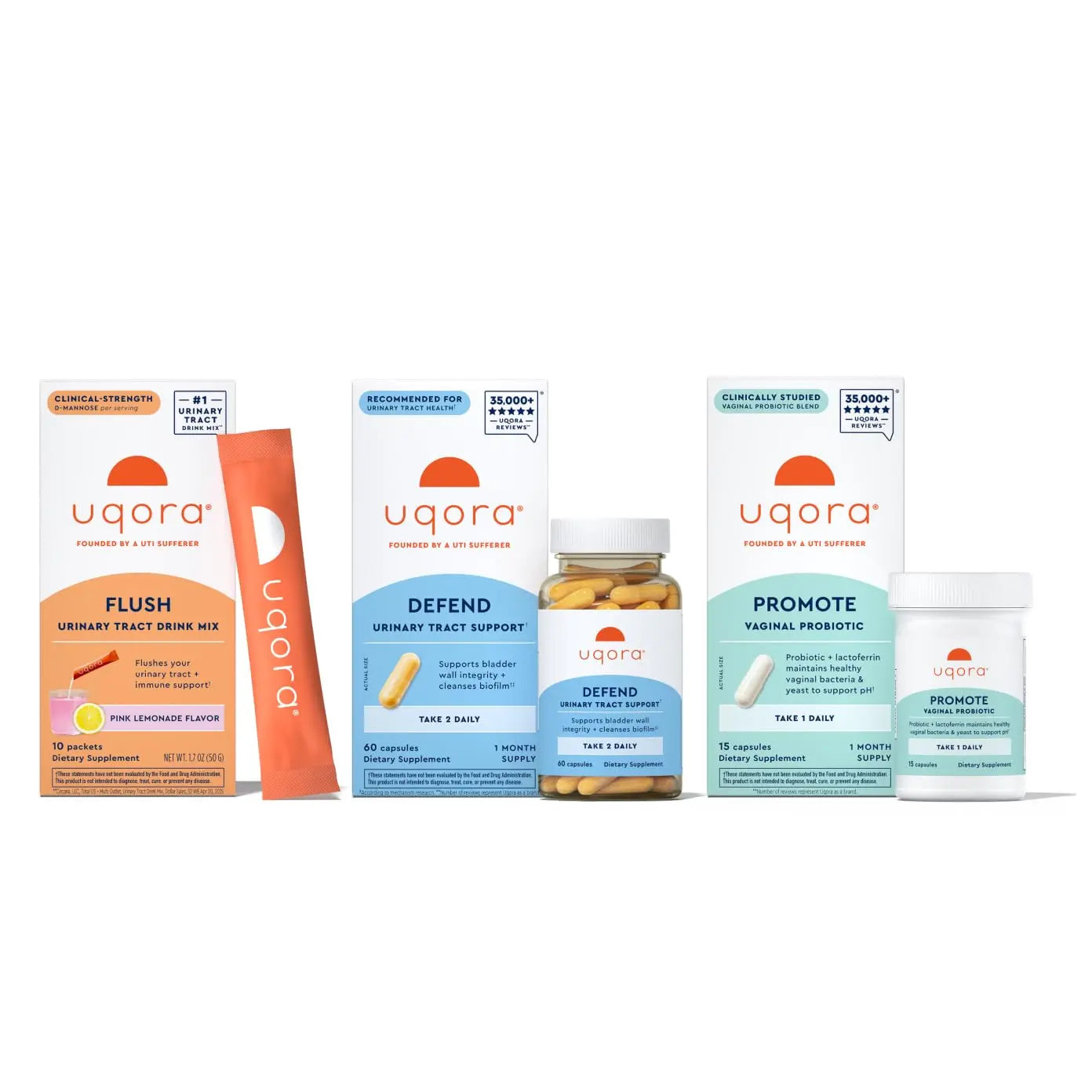 Uqora Complete Regimen with Flush, Defend & Promote - Urinary Tract Support with D-Mannose, Vitamin C, Green Tea Extract, Probiotics & More - Comprehensive Bladder Health Support* - 3-Part Bundle UqoraAu supplements