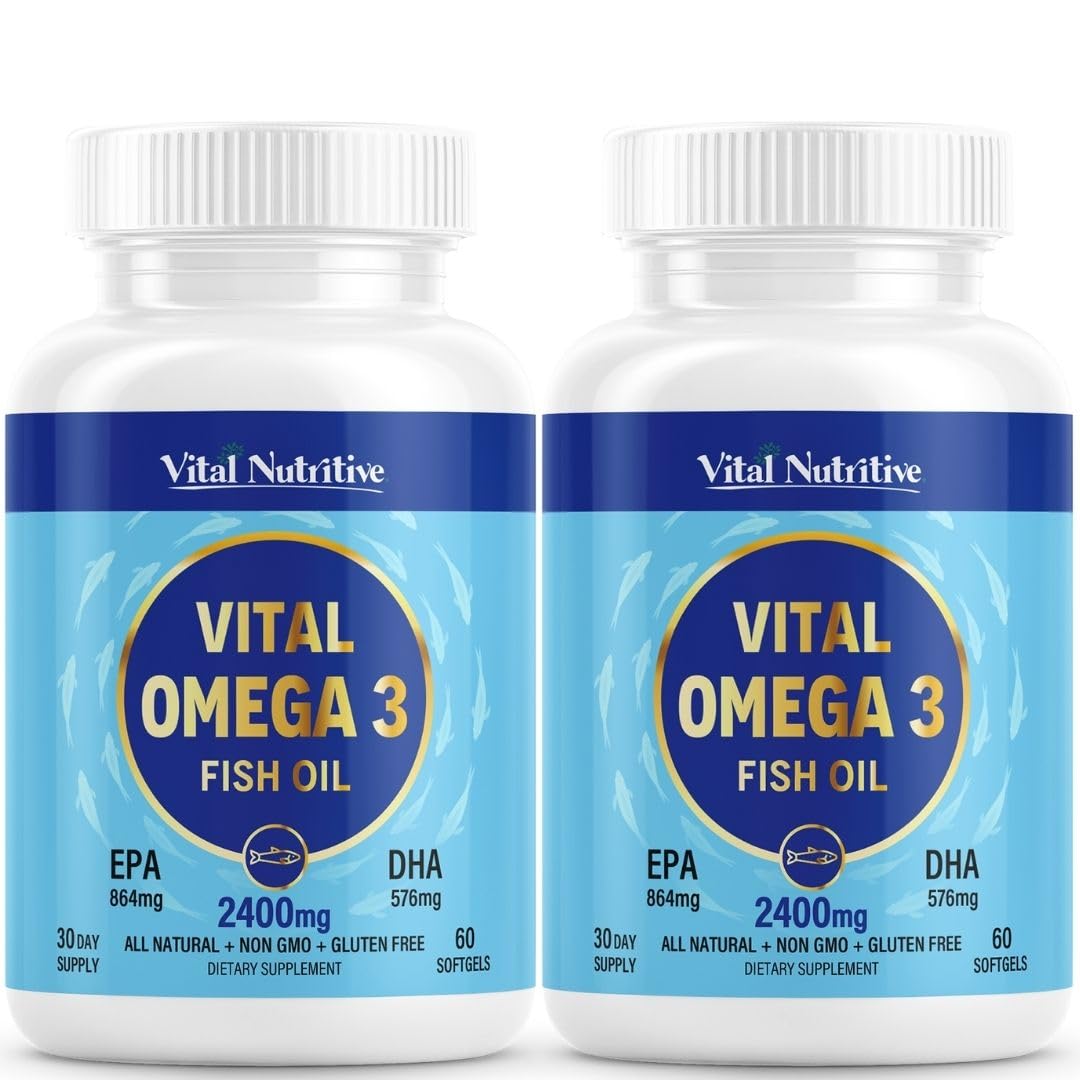 Vital Omega 3 Fish Oil Supplements 2400mg | 864mg EPA & 576mg DHA | 1440mg Total Omega-3 Fatty Acids | Promotes Brain & Heart Health | Non-GMO, Gluten-Free, Sugar-Free | Lemon | 60 Day Servings VITAL NUTRITIVEAu supplements