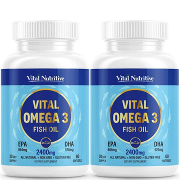 Vital Omega 3 Fish Oil Supplements 2400mg | 864mg EPA & 576mg DHA | 1440mg Total Omega-3 Fatty Acids | Promotes Brain & Heart Health | Non-GMO, Gluten-Free, Sugar-Free | Lemon | 60 Day Servings VITAL NUTRITIVEAu supplements