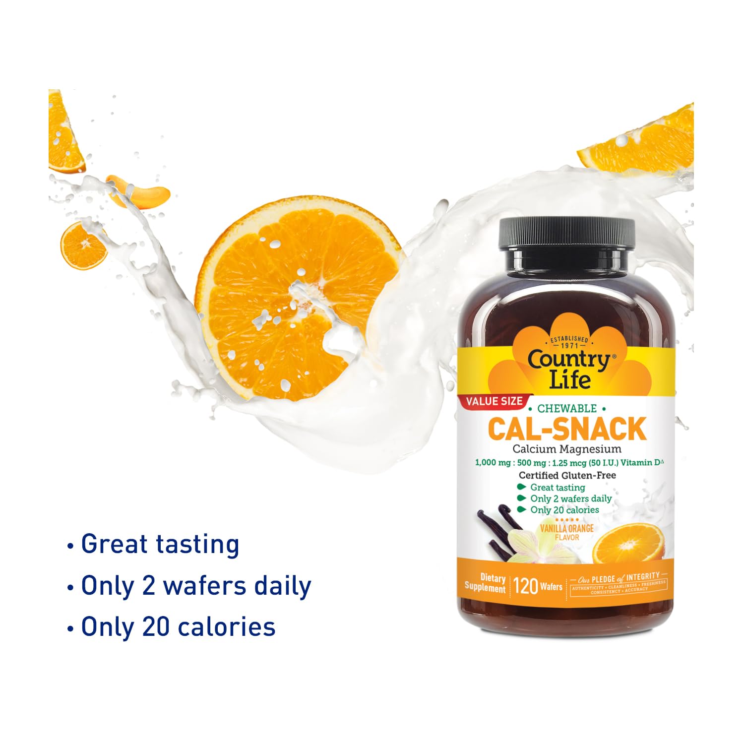 Country Life Cal-Snack - Chewable Calcium Magnesium Supplement wafers with Vitamin D3, Easy to Digest, Vanilla Orange Flavor, Dietary Supplement Country LifeAu supplements