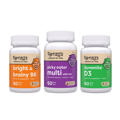Renzo's Vitamins Adventurous Kid Bundle - Picky Eater Kids Multivitamin, Vitamin D3 for Kids, and Bright & Brainy Vitamin B6 Renzo'sUS supplements