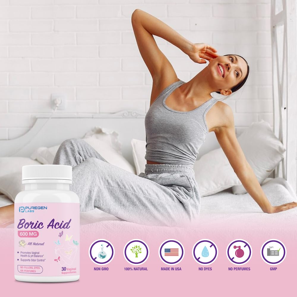 Puregen Labs Boric Acid 600 mg Vaginal Suppositories - 100% Pure | All Natural Without Dyes or Fillers P Puregen LabsAu supplements