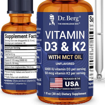 Dr. Berg Maximum Strength Vitamin D3 K2 Liquid Drops with MCT Oil – 5,000 IU Liquid Vitamin D3 with K2 – Supports Strong Bones, Heart, Energy, Immunity, and Overall Vitality* - Unflavored 1 Fl Oz Dr. Berg NutritionalsAu supplements