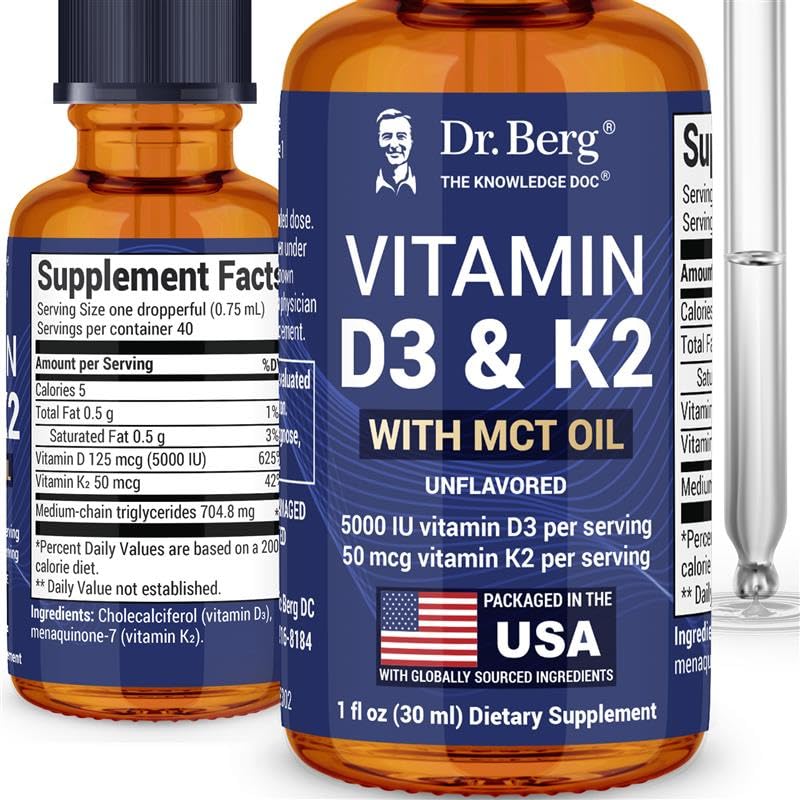 Dr. Berg Maximum Strength Vitamin D3 K2 Liquid Drops with MCT Oil – 5,000 IU Liquid Vitamin D3 with K2 – Supports Strong Bones, Heart, Energy, Immunity, and Overall Vitality* - Unflavored 1 Fl Oz Dr. Berg NutritionalsAu supplements