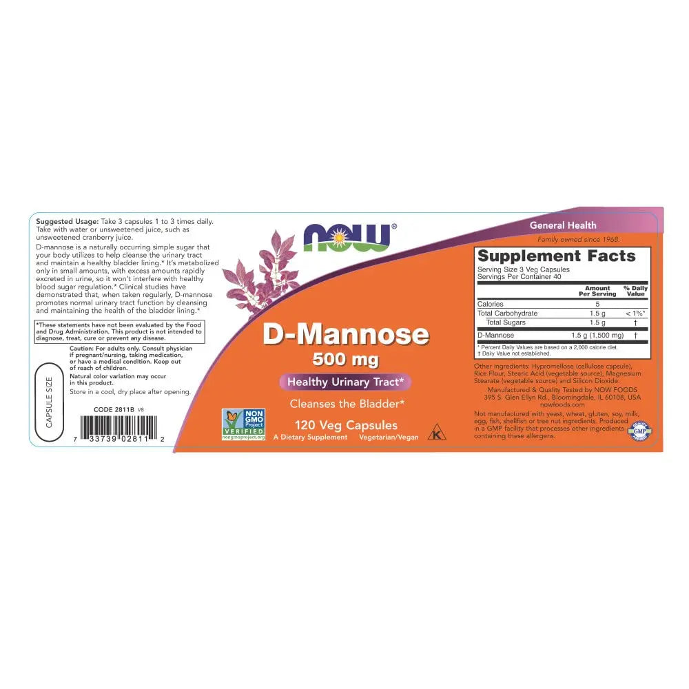 NOW Foods Supplements, D-Mannose 500 mg, Non-GMO Project Verified, Healthy Urinary Tract*, 120 Veg Capsules (Pack of 3) NOW FoodsAu supplements