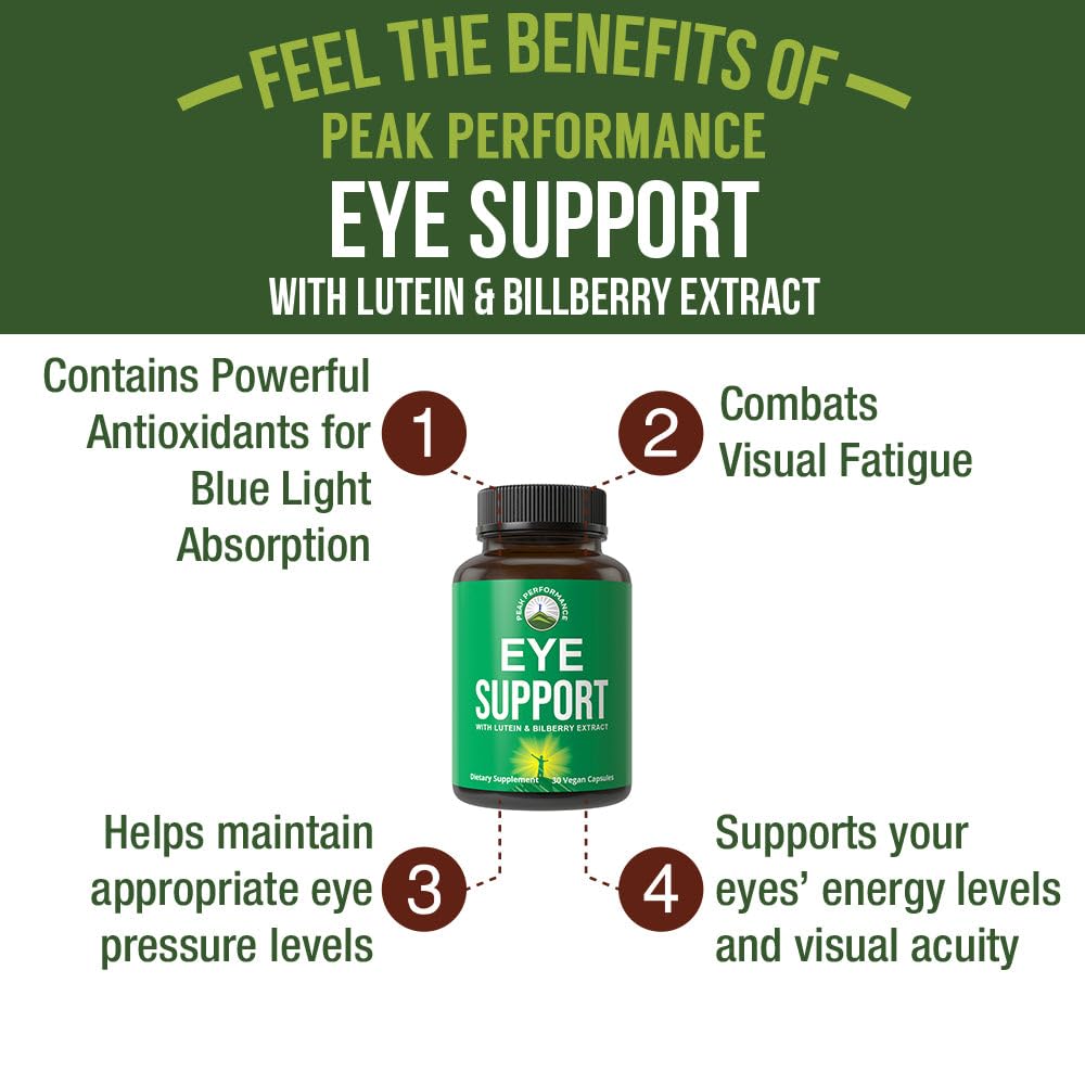Peak Performance Eye Vitamins - Macular Support Supplement with Lutein, Zeaxanthin, Astaxanthin, Carotenoids, Bilberry Extract. Capsules for Aging Eyes, Computer, Smartphone Users. Avoid Degeneration Peak PerformanceAu supplements