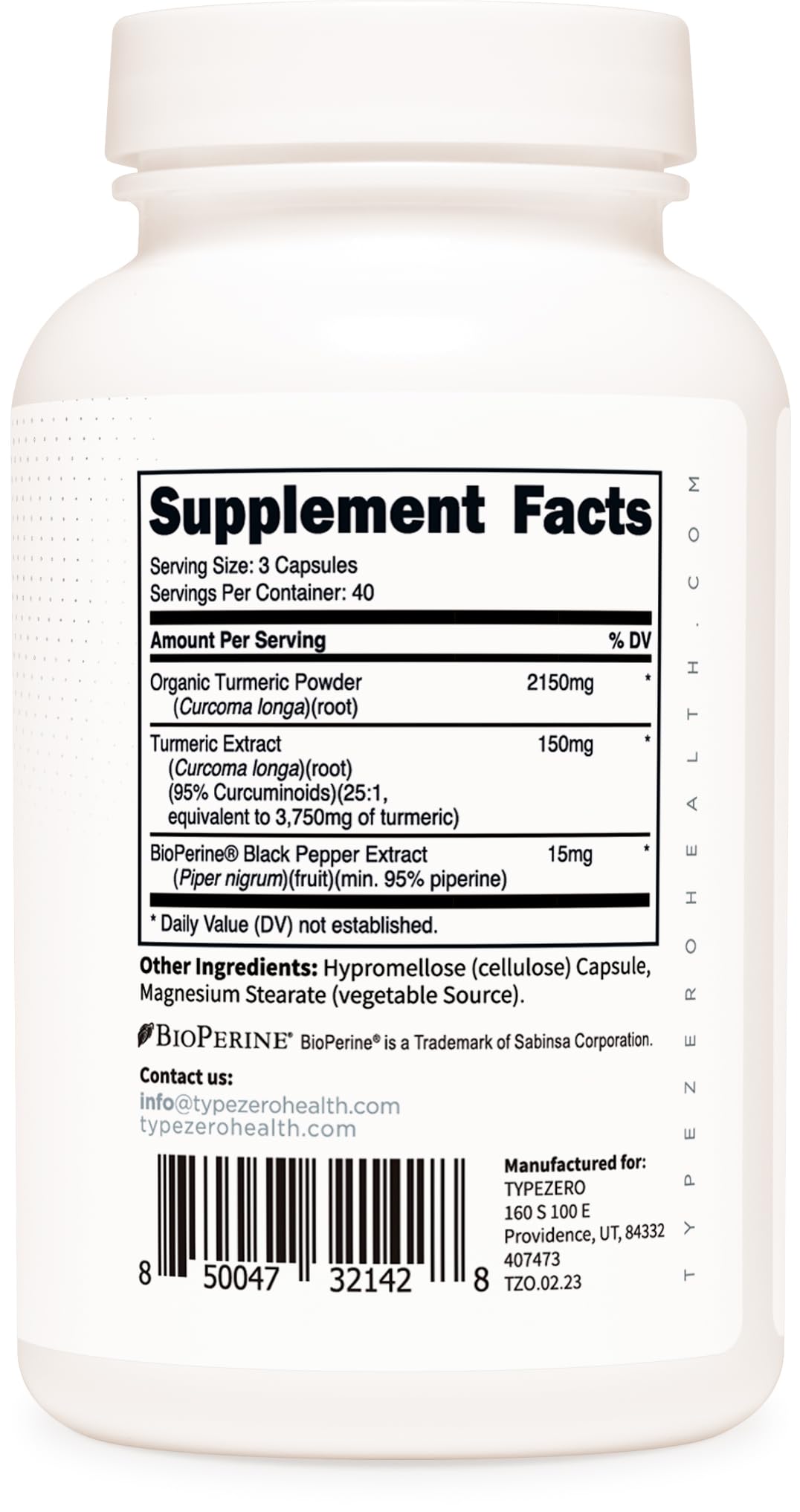 Type Zero Turmeric with Bioperine (120 Capsules) (2300mg per Serving) - GMO Free, Gluten Free, 3rd Party Tested Type ZeroUS supplements