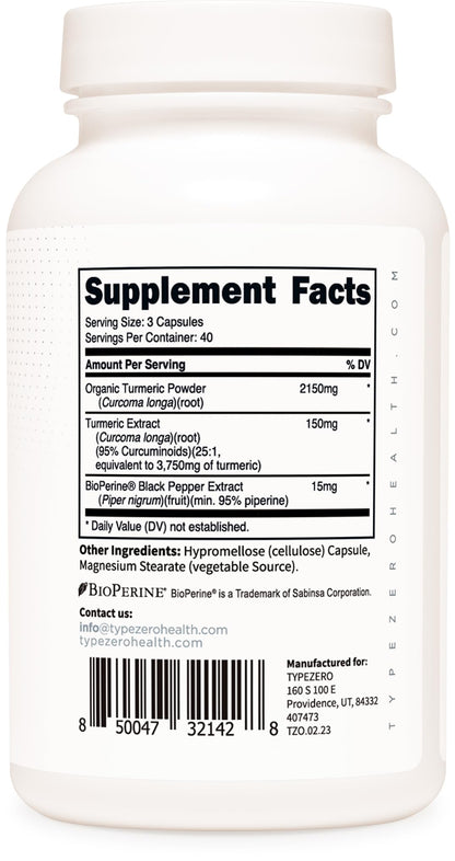 Type Zero Turmeric with Bioperine (120 Capsules) (2300mg per Serving) - GMO Free, Gluten Free, 3rd Party Tested Type ZeroUS supplements