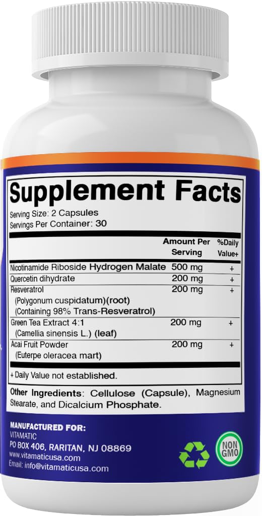 Vitamatic NAD Nicotinamide Riboside Supplement 1300mg 60 Ct - Support Healthy Aging, Cellular Energy Production, Made with Riboside, Quercetin, Resveratrol, Green Tea, & Acai Powder VitamaticAu supplements
