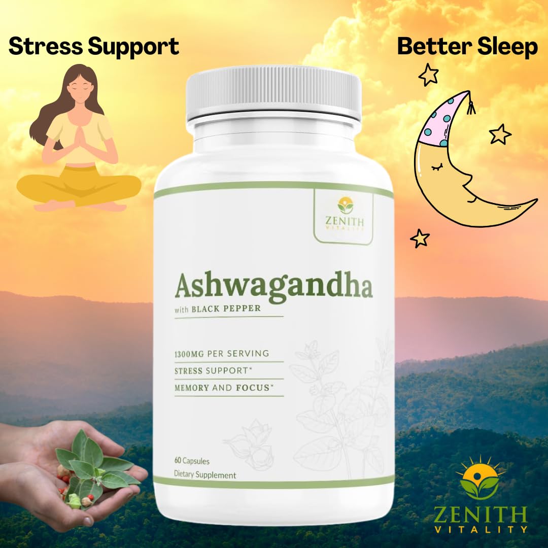 Zenith Vitality Ashwagandha 1300mg Capsules – Stress Relief & Cortisol Support, Immune & Energy Boost, Mental Clarity, Herbal Adaptogen Supplement – 60 Count Zenith VitalityAu supplements