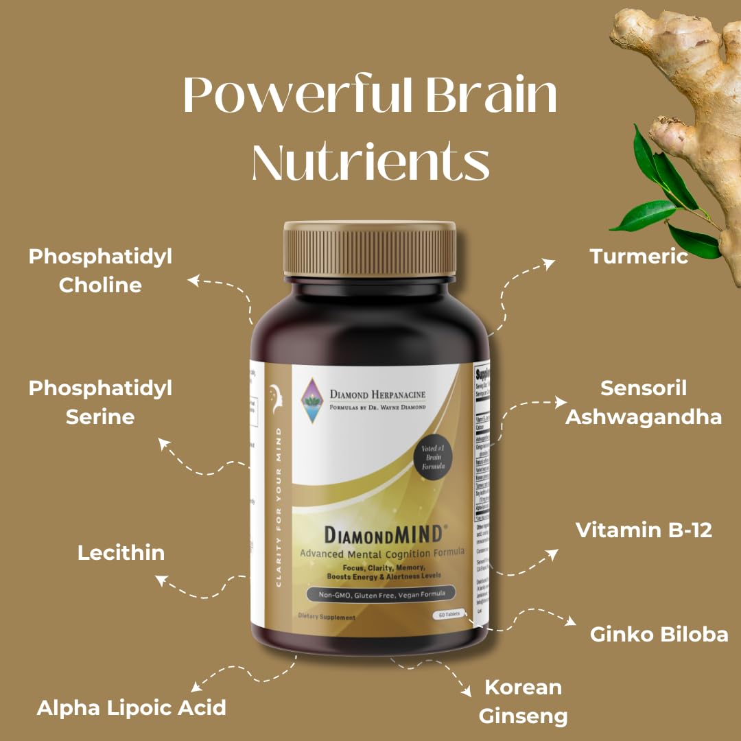 DiamondMIND Brain Support Supplement - Natural Formula for Mental Energy & Cognitive Function - Focus, Clarity, and Memory Supplement - Less Mental Stress - Vegan, Gluten-Free, Dairy-Free - (60 Count) HerpanacineAu supplements