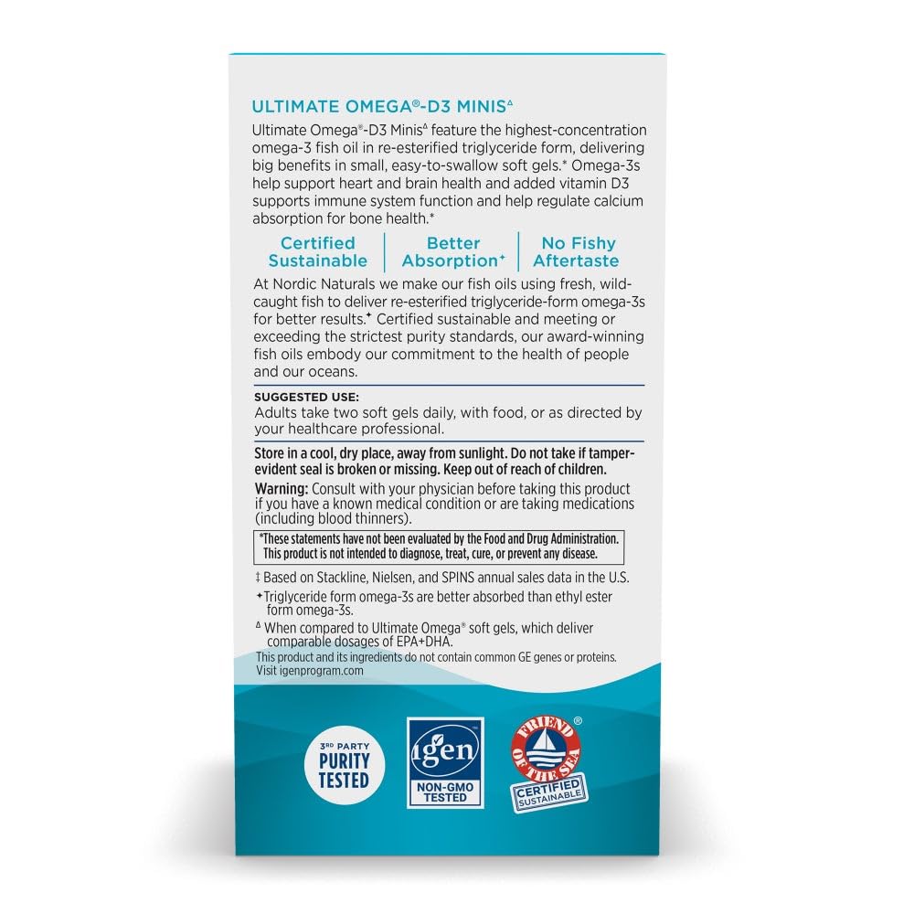 Nordic Naturals Ultimate Omega Mini D3, Lemon Flavor - 60 Mini Soft Gels - 1120 mg Omega-3 + 1000 IU Vitamin D3 - EPA & DHA - Promotes Brain & Heart Health - 30 Servings Nordic NaturalsAu supplements