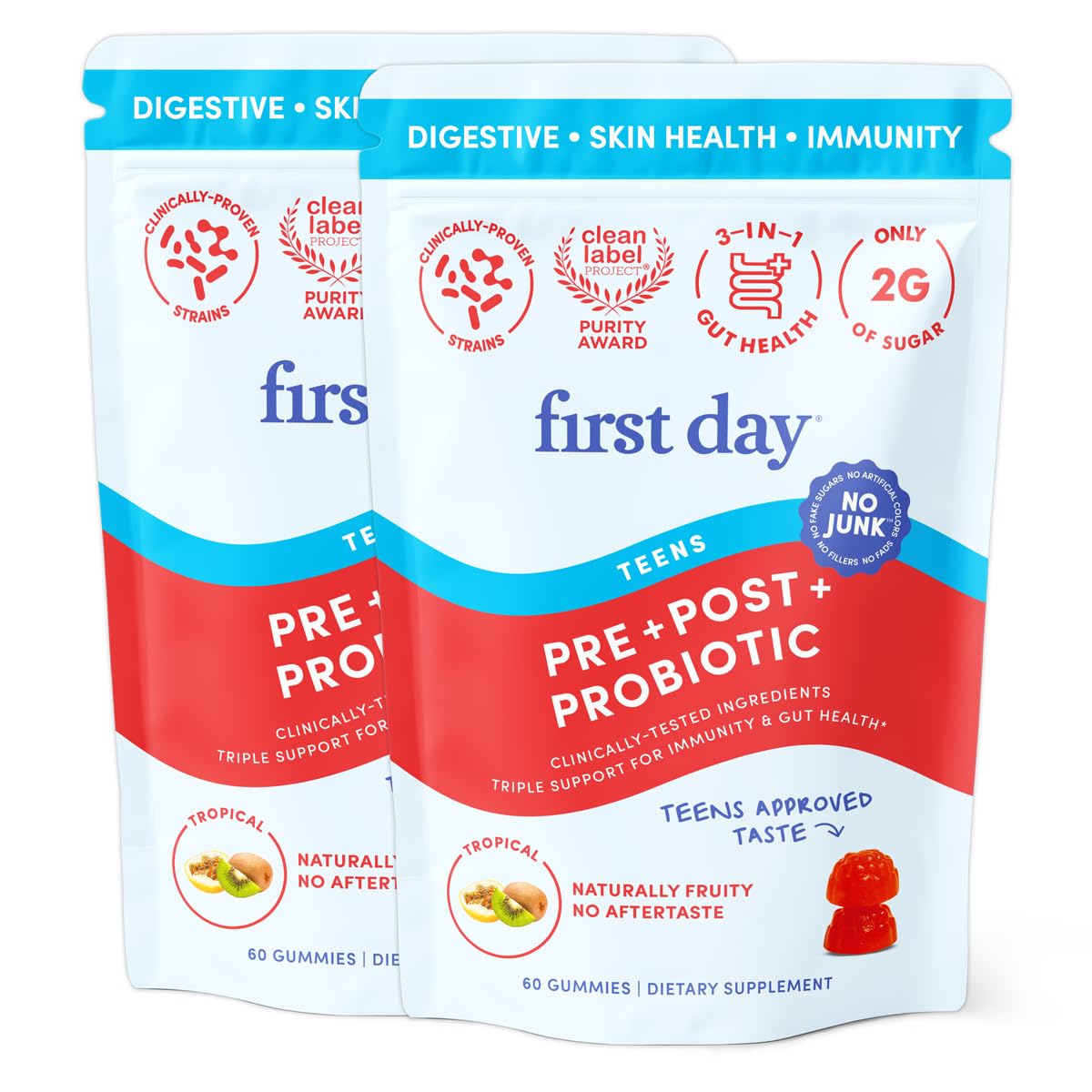 FIRST DAY Teens’ Gut Sustainer Tribiotic Gummies – 3-in-1 Prebiotic, Probiotic & Postbiotic Supplement – Supports Digestive, Skin, Oral & Immune Health, Nutrient Absorption & Growth – 60-Day Supply FIRST DAYAu supplements