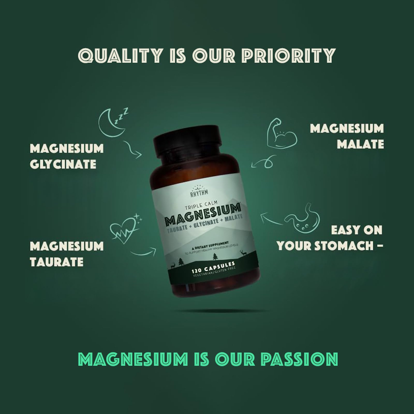 Natural Rhythm Triple Calm Magnesium Complex - 120 Capsules, Chelated Magnesium Glycinate, Taurate & Malate, High Absorption Supplement for Sleep, Stress, Muscle & Heart Support, Non-GMO, Vegan Natural RhythmAu supplements