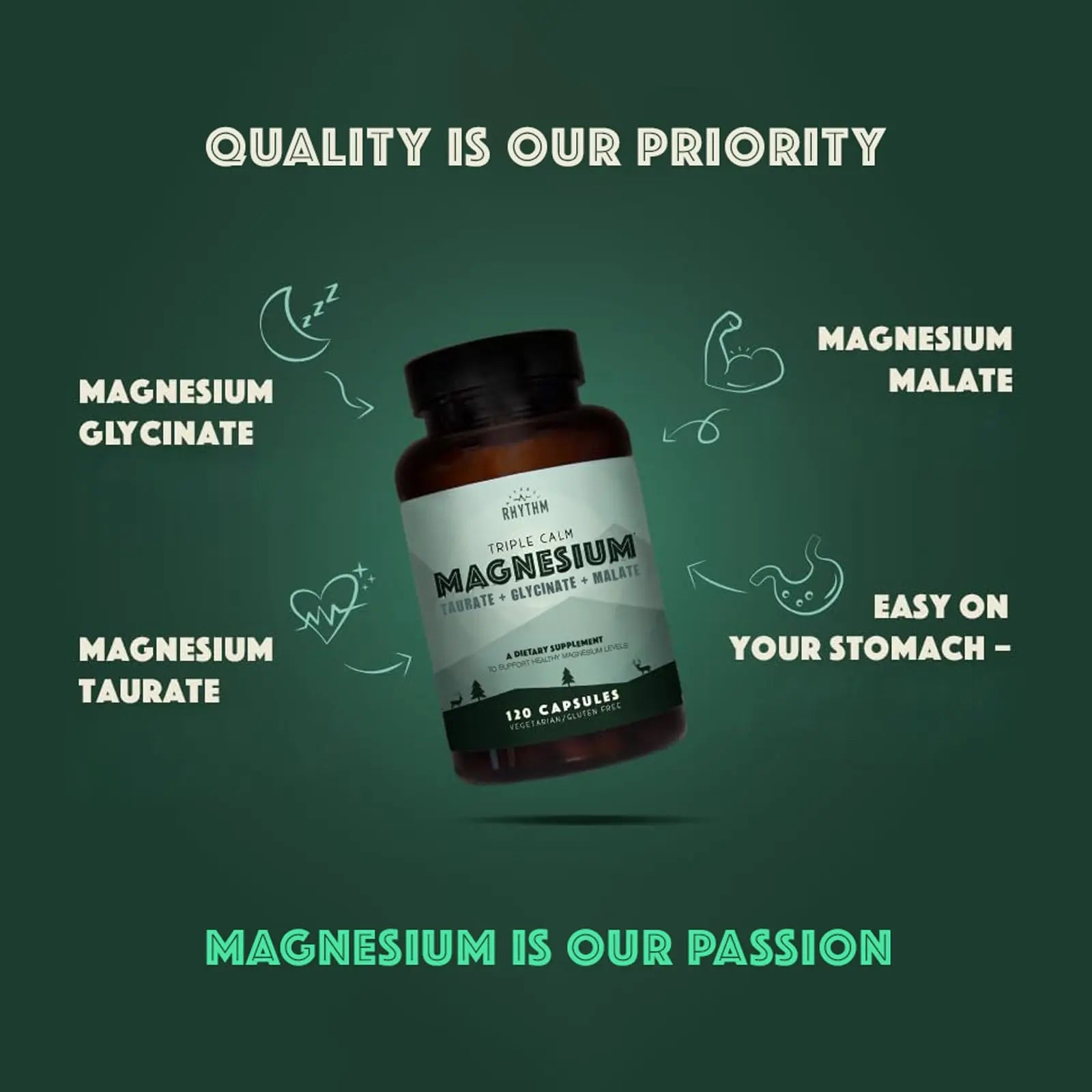 Natural Rhythm Triple Calm Magnesium Complex - 120 Capsules, Chelated Magnesium Glycinate, Taurate & Malate, High Absorption Supplement for Sleep, Stress, Muscle & Heart Support, Non-GMO, Vegan Natural Rhythmnz supplements