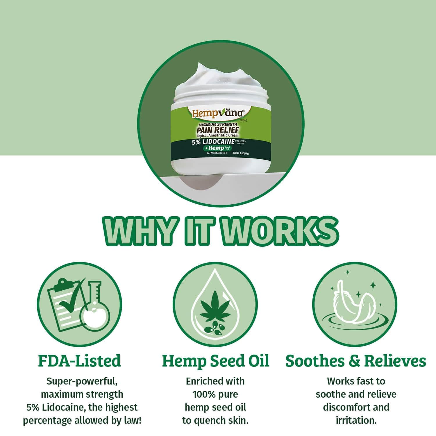 Hempvana 5% Lidocaine Relief Cream, Maximum Strength, AS-SEEN-ON-TV, Strong Cream, Numbs Irritated Nerves for Fast Anorectal Relief, Non-Greasy, Targeted Long-Lasting Relief. Enriched with Hemp, 3 Oz HempvanaAu supplements
