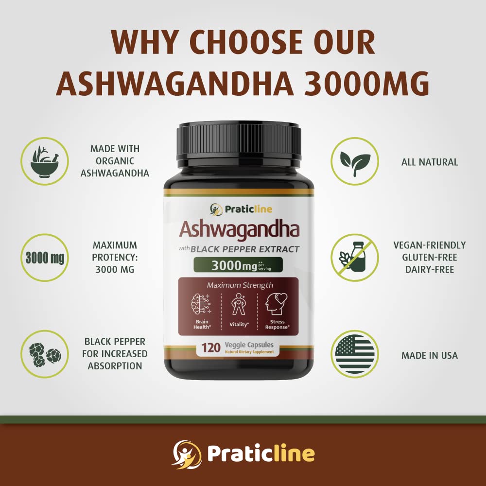 PRATIC LINE Ashwagandha Capsules 3,000 mg - 120 Vegan Cap Made with Organic PRATIC LINEUS supplements