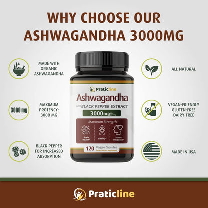 PRATIC LINE Ashwagandha Capsules 3,000 mg - 120 Vegan Cap Made with Organic PRATIC LINEUS supplements