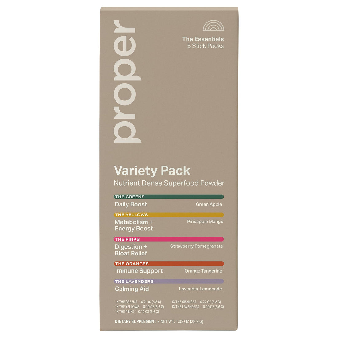 Proper The Essentials Super Foods Powder 5-Stick Variety Pack - Super Greens, Gut Health, Metabolism & Energy, Calm Magnesium Powder & Immune Support Supplement Packs ProperAu supplements