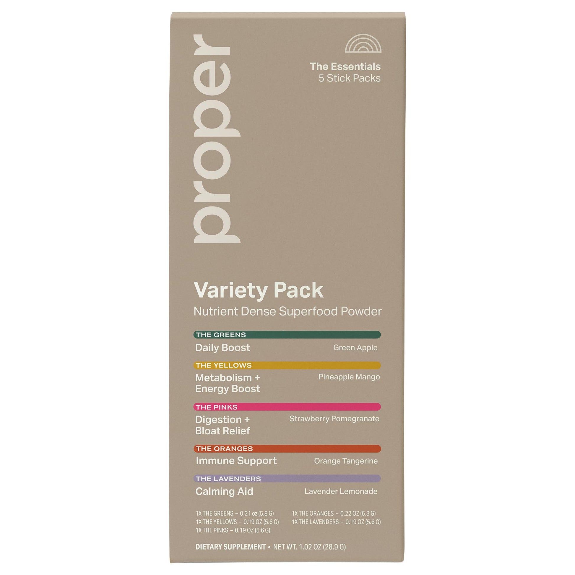 Proper The Essentials Super Foods Powder 5-Stick Variety Pack - Super Greens, Gut Health, Metabolism & Energy, Calm Magnesium Powder & Immune Support Supplement Packs ProperAu supplements