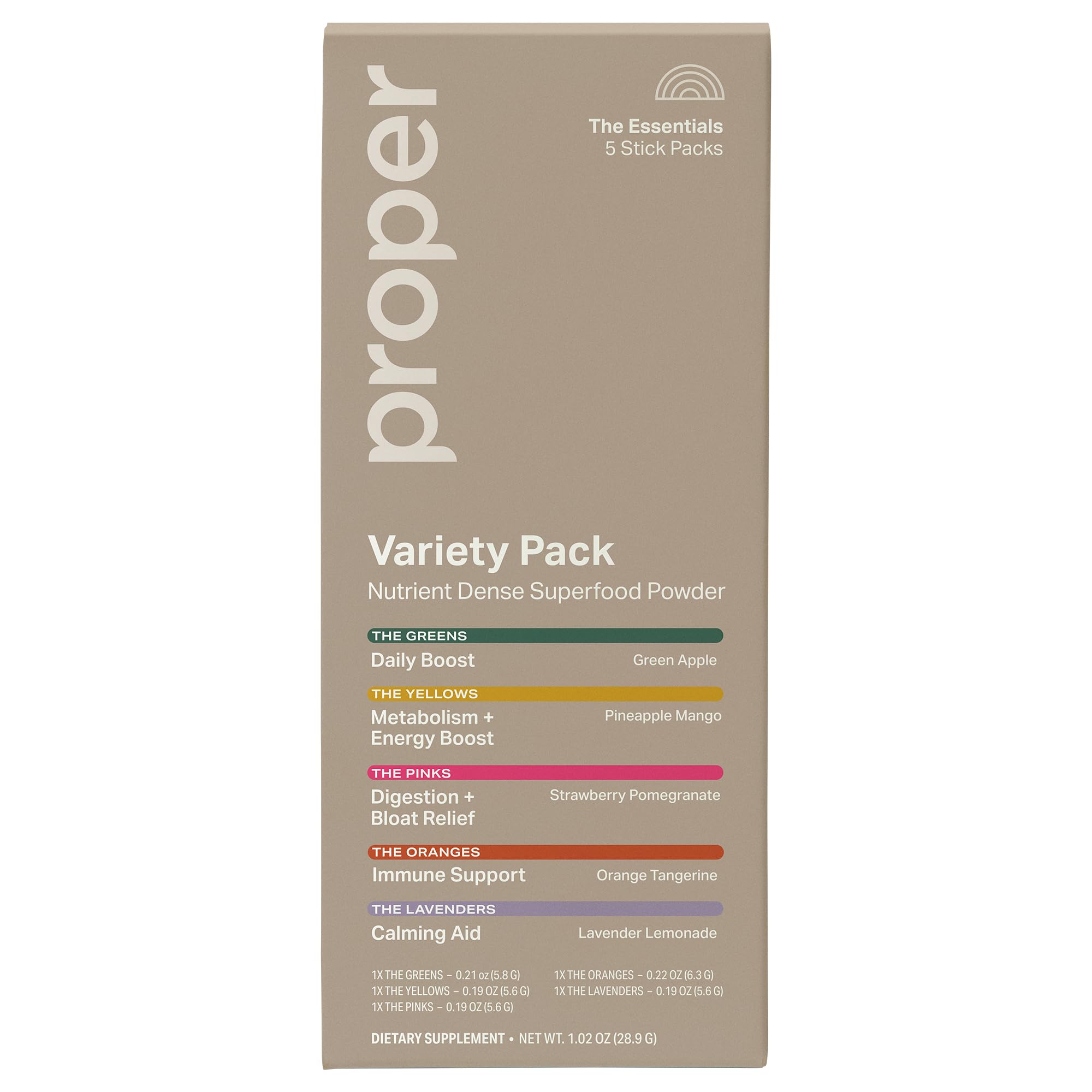 Proper The Essentials Super Foods Powder 5-Stick Variety Pack - Super Greens, Gut Health, Metabolism & Energy, Calm Magnesium Powder & Immune Support Supplement Packs ProperAu supplements
