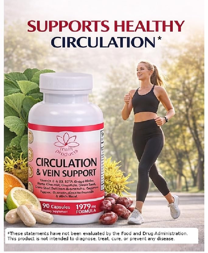 Circulation & Vein Support Supplement - Vitamins E & B3, Ginkgo Biloba, Horse Chestnut, Gotu Kola, Grape Seed, Butcher's Broom & Citrus Bioflavonoids - 1979 mg Formula - 90 Capsules - 30 Days Supply. Main ProductsAu supplements