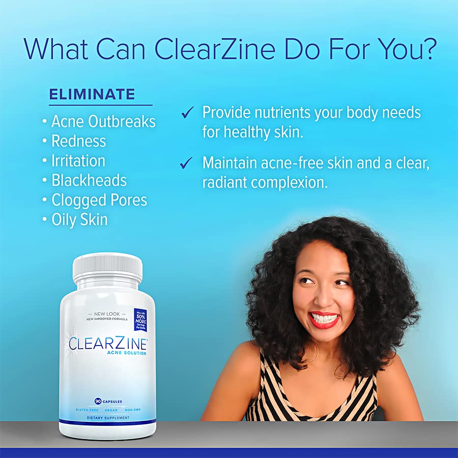 ClearZine Acne Pills for Teens & Adults | Clear Skin Supplement, Vitamins for Hormonal & Cystic Acne | Stop Breakouts, Oily Skin and Zits, 90 Caps ClearZineAu supplements