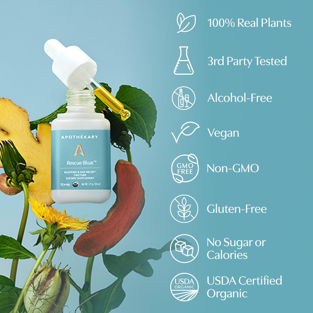Apothékary Rescue Bloat, Fast-Acting Digestive Drops for Occasional Gas and Bloat Relief, Herbal Liquid Drops with Peppermint, Lemon Balm, Dandelion, Ginger, Turmeric, Made in USA, 1 fl oz 30 Servings ApothékaryAu supplements