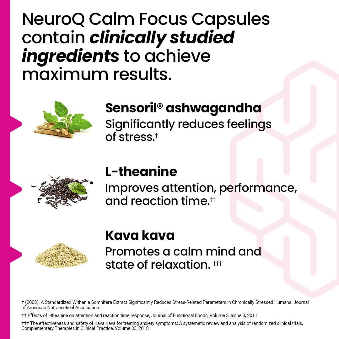 LifeSeasons NeuroQ Calm Focus Capsules - Stress Relief Supplement - Supports Mental Function & Relaxation - Sensoril Ashwagandha, Magnesium, GABA, L-Theanine, Andean Cocoa & Kava Kava - 60 Capsules LifeSeasonsAu supplements