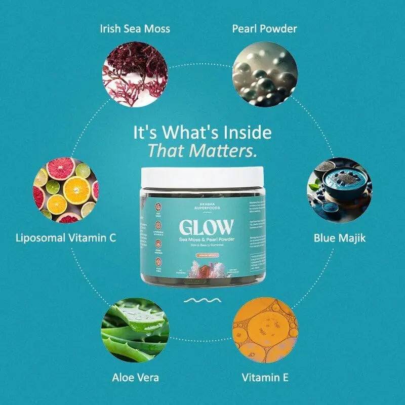 Akasha Superfoods Sea Moss Glow Gummies, Hair, Skin & Nails Vitamins with Seamoss, Pearl Powder, Vitamin E, Aloe Vera, Liposomal Vitamin C Akasha SuperfoodsAu supplements