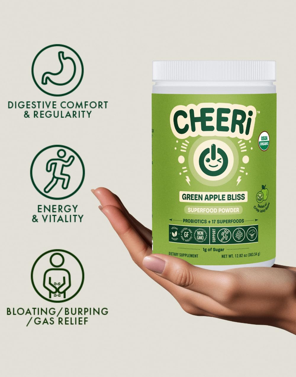 Cheerific Green Apple Bliss Superfood Powder - 20+ Organic Superfoods + Prebiotic & Probiotics + More - Keto Friendly - Supports Positive Mood, Gut Health - Vegan, Gluten Free, Non-GMO - 30 Day Supply CheerificAu supplements