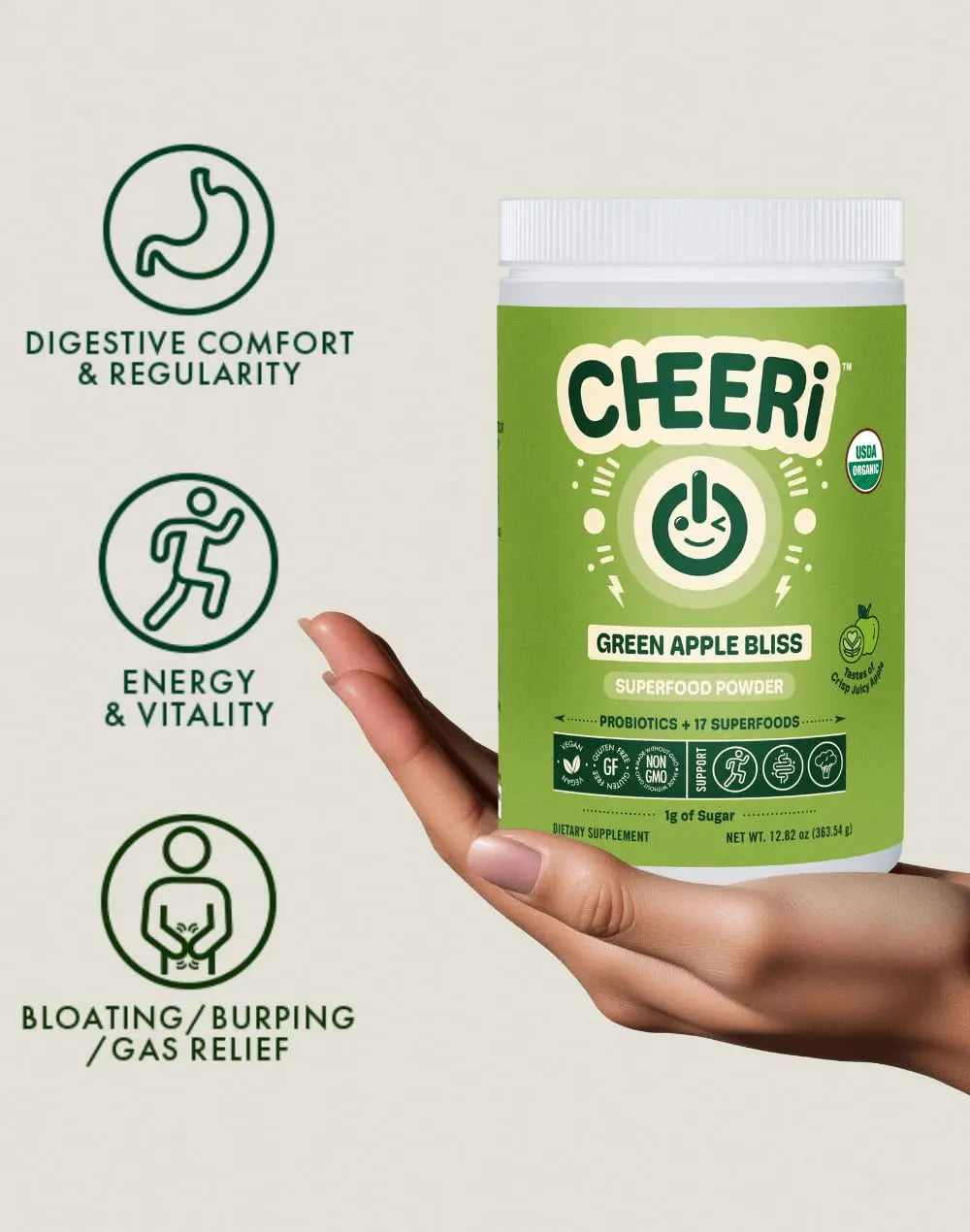 Cheerific Crisp Apple Greens Superfood Powder - 20+ Organic Superfoods + Prebiotic & Probiotics + More - Keto Friendly - Supports Positive Mood, Gut Health - Vegan, Gluten Free, Non-GMO - 30 Day Cheerificnz supplements