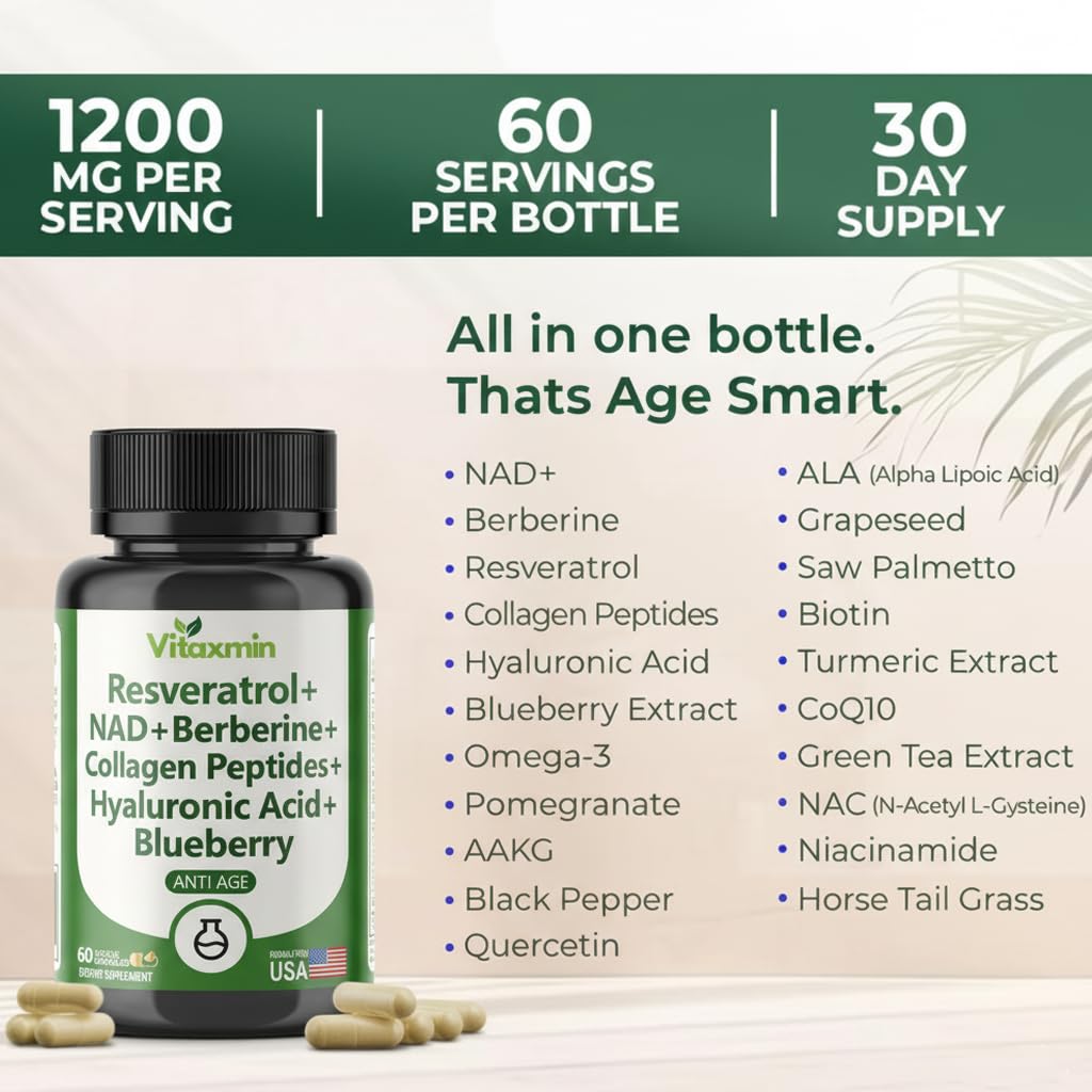 vitaxmin NAD Resveratrol Supplement 200mg with Berberine NAC Collagen - Nicotinamide Riboside NMN NADH CoQ10 Biotin Hyaluronic Acid - Hair Skin Nails Supplement - 60 Capsules vitaxminAu supplements