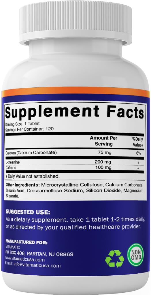 Vitamatic L-Theanine 200mg with Caffeine 100mg – 120 Vegetarian Tablets Nootropic Supplement for Focused Energy & Mental Clarity VitamaticAu supplements