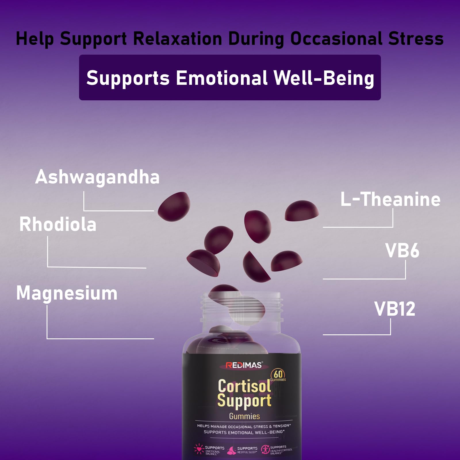 Redimas Cortisol Gummies for Women & Men with Ashwagandha, Magnesium, L-Theanine and Multivitamin, Vegan Chewable Gummies for Daily Lifestyle Balance, Convenient Adult Supplement, 60 Count RedimasAu supplements