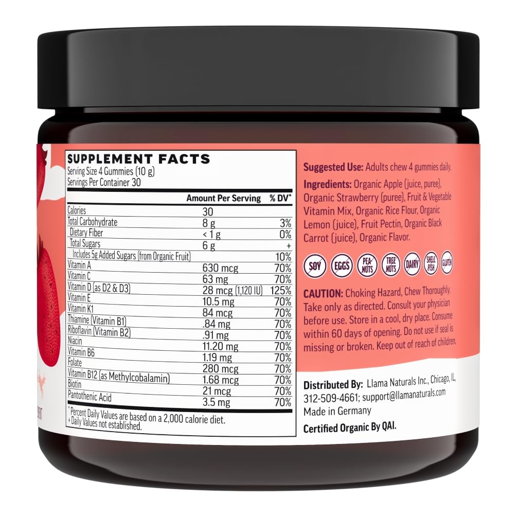 Llama Naturals Multivitamin for Women & Men, Vegan, Organic Gummies with Vitamin D, C & K, Adults Real Fruit Gummy Vitamins Llama NaturalsUS supplements