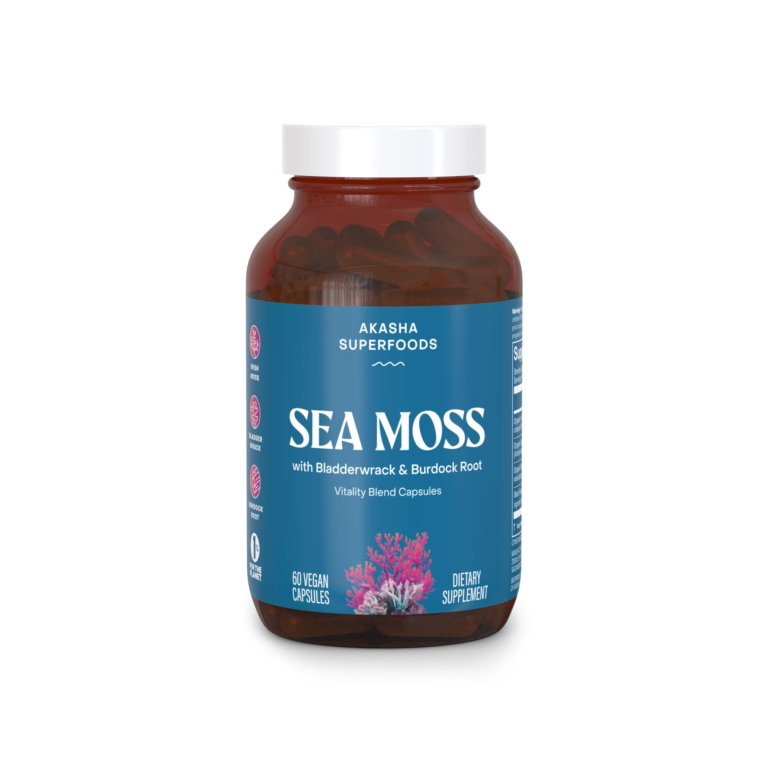 Akasha Superfoods Sea Moss Capsules, Organic Irish Moss with Bladderwrack Root, Burdock Root, and BioPerine, Skin, Thyroid, Digestion & Immunity Support for Women & Men, Gluten Free, Vegan, 60 Count Akasha SuperfoodsAu supplements