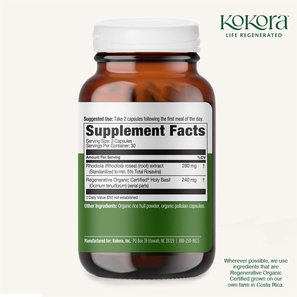 kokora Extra Strength Rhodiola Rosea – Stress Relief, Endurance & Promotes Mental & Physical Performance* - with Siberian Rhodiola, Rosavins, Organic Holy Basil - Vegan, Non-GMO - 60 Capsules kokoraAu supplements