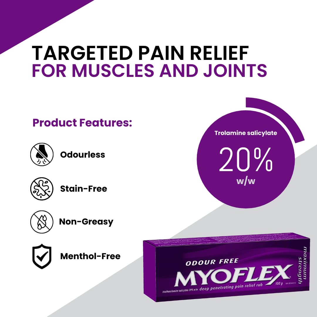 Myoflex Pain Relief Rub | Odourless | Provides Deep Penetrating Relief of Muscle Soreness & Joint Pain | Menthol Free | Stain Free | Non-Greasy | Great for Ages 2+ | 100 Grams (Maximum Strength) MyoflexAu supplements